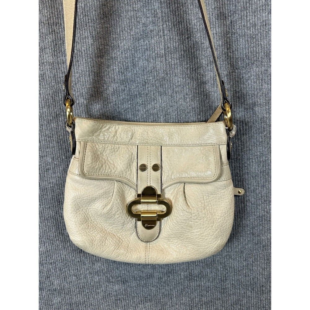 B Makowsky Beige Cream Leather Crossbody Bag Purse Front Pocket Gold Hardware